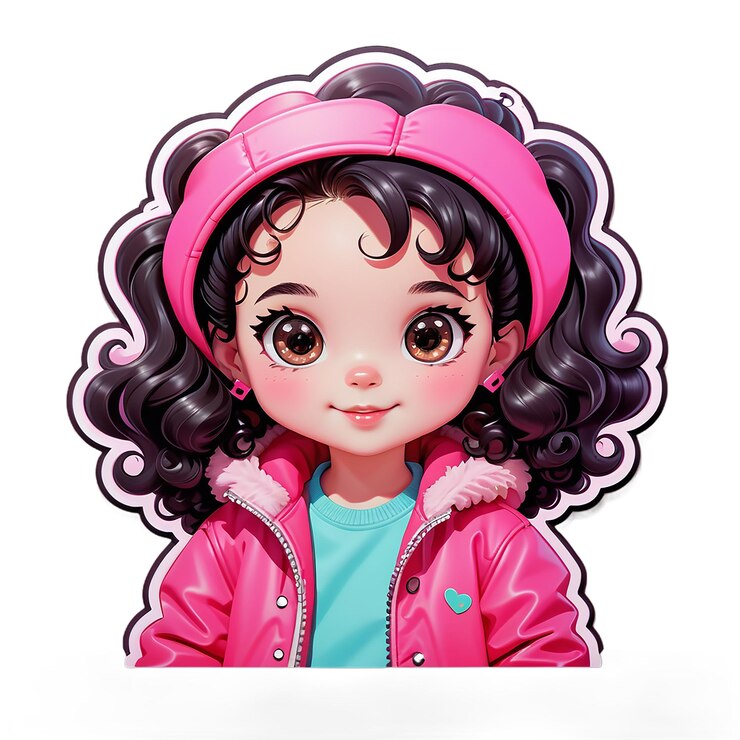 PSD una dolce ragazza con i capelli neri ricci e una giacca rosa sticker decal