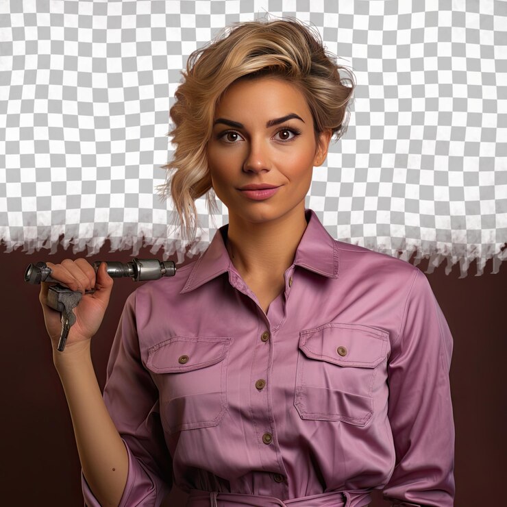 PSD una donna anziana simpatica con i capelli biondi dell'etnia sudasiatica vestita con abiti di ingegnere industriale posa in uno stile hand brushing through hair su uno sfondo pastel mauve
