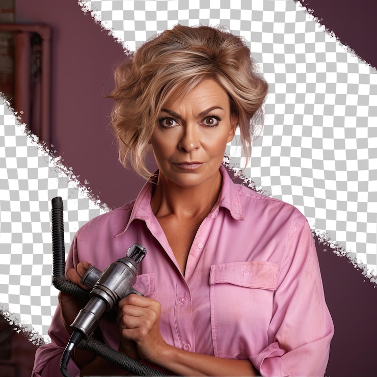 PSD una donna anziana simpatica con i capelli biondi dell'etnia sudasiatica vestita con abiti di ingegnere industriale posa in uno stile hand brushing through hair su uno sfondo pastel mauve