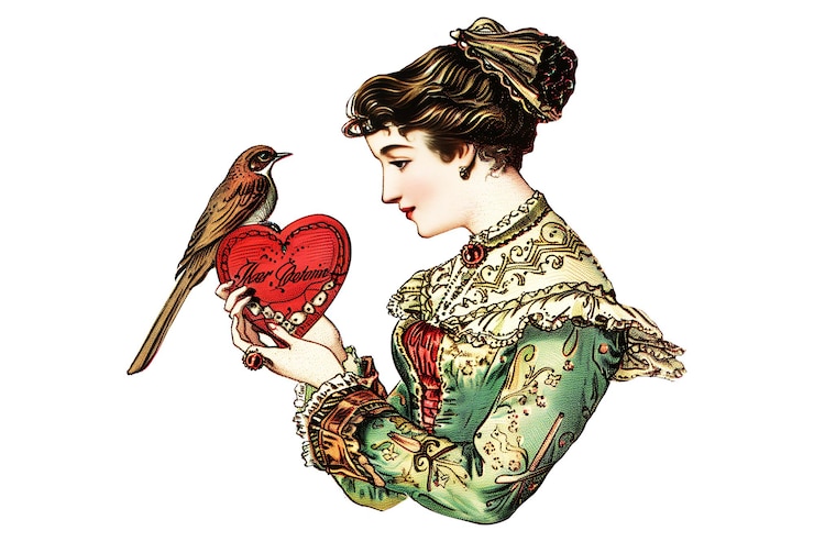 PSD una donna che tiene un cuore e un uccello