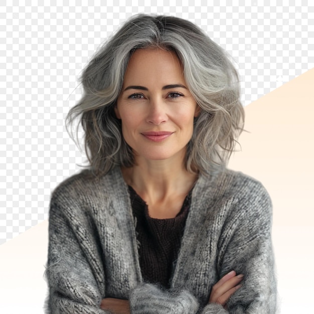 una donna con i capelli grigi e un maglione grigio con un top nero che dice capelli grigi