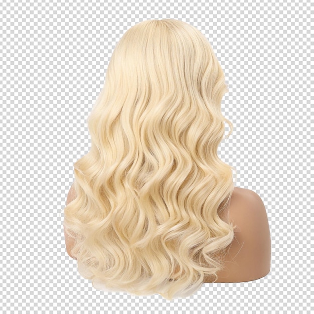 Una donna con i capelli lunghi e biondi con la parte posteriore della testa sullo sfondo trasparente
