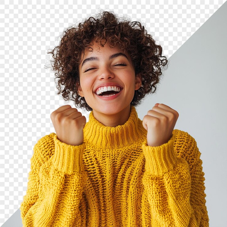 PSD una donna con i capelli ricci sta sorridendo e sorridendo