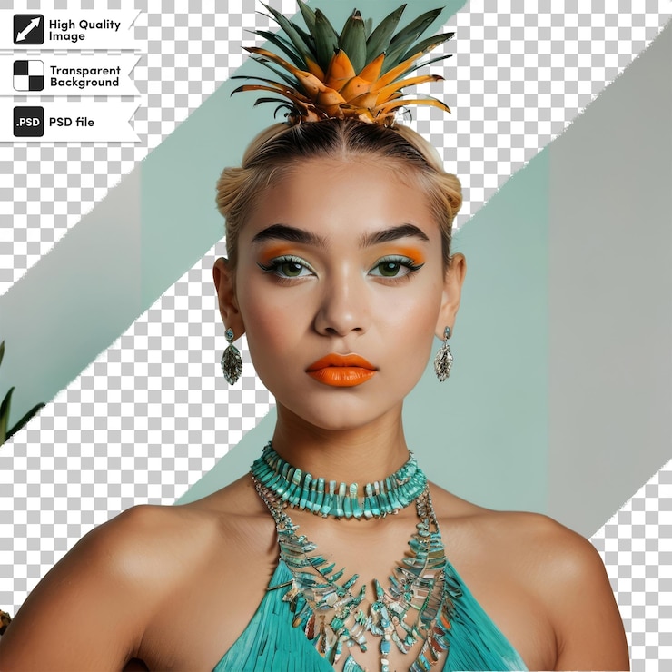 PSD una donna con un ananas sulla testa e una foto di un ananas su di esso