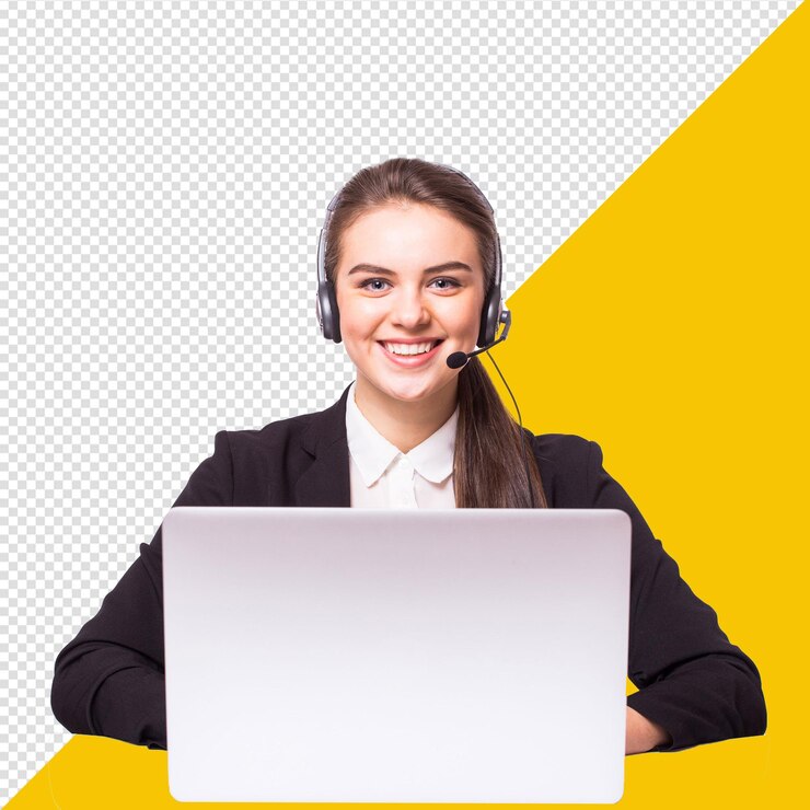 PSD una donna con un auricolare e un portatile bianco con uno sfondo giallo