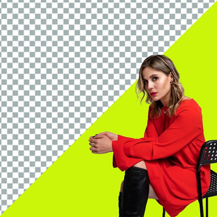 PSD una donna con un cappotto rosso si siede in una sedia con uno sfondo verde con uno sfundo verde con un segno th