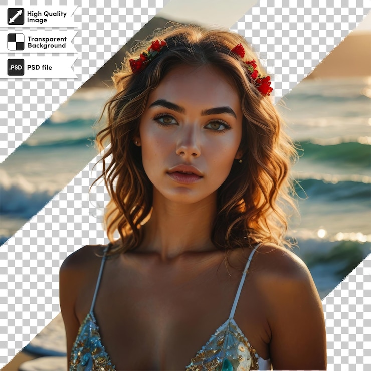 PSD una donna con un fiore nei capelli è in piedi davanti a una cornice da foto