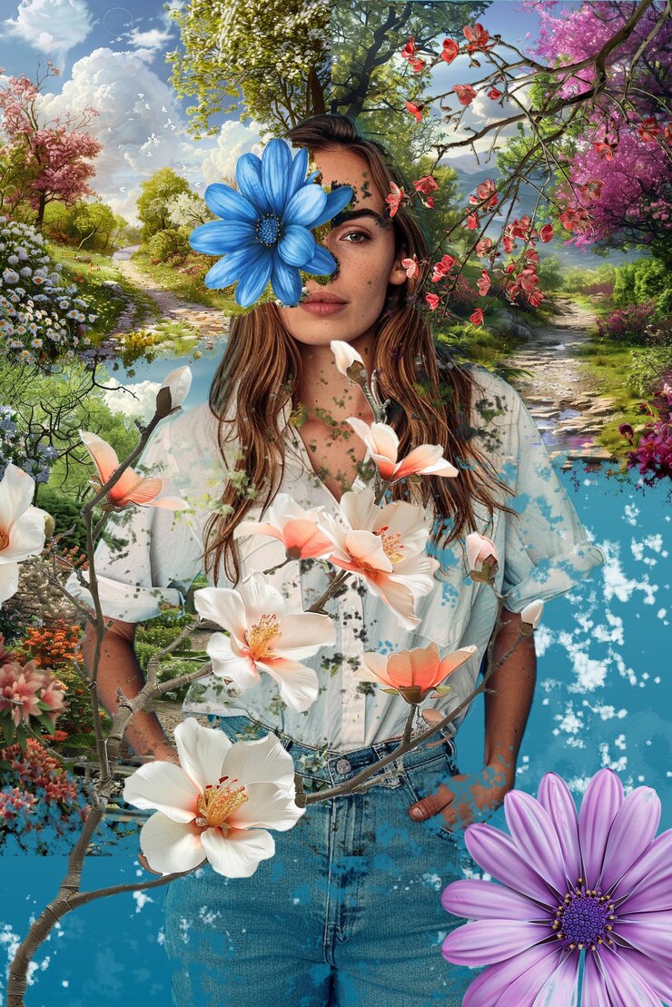 PSD una donna con un fiore nei capelli e una foto di una ragazza con fiori blu