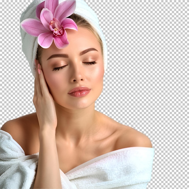 PSD una donna con un fiore sulla testa è coperta da un asciugamano con un fiori su di esso