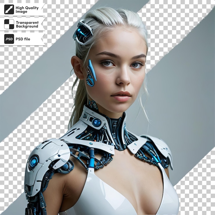 PSD una donna con un monitor computer che dice robot su di esso