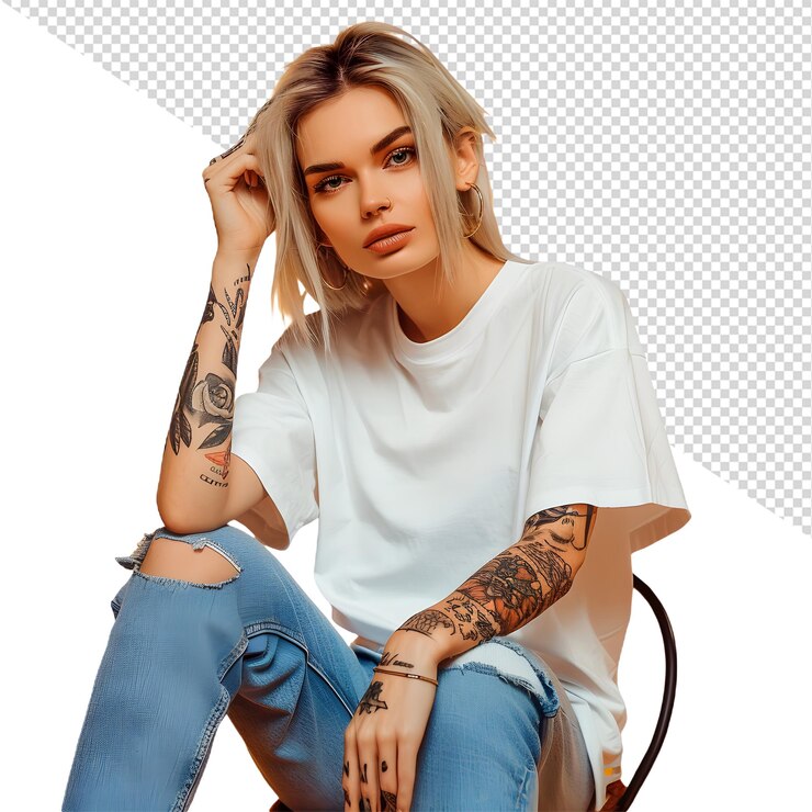 PSD una donna con un tatuaggio sul braccio si siede su una sedia