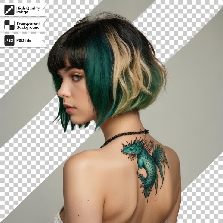 PSD una donna con un tatuaggio sulla schiena con un drago sulla schiena