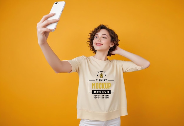 una donna con una camicia gialla sta facendo un selfie con un cellulare