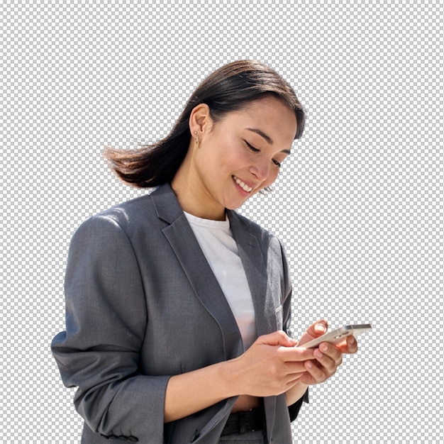 Una donna d'affari sorridente che usa uno smartphone all'aperto