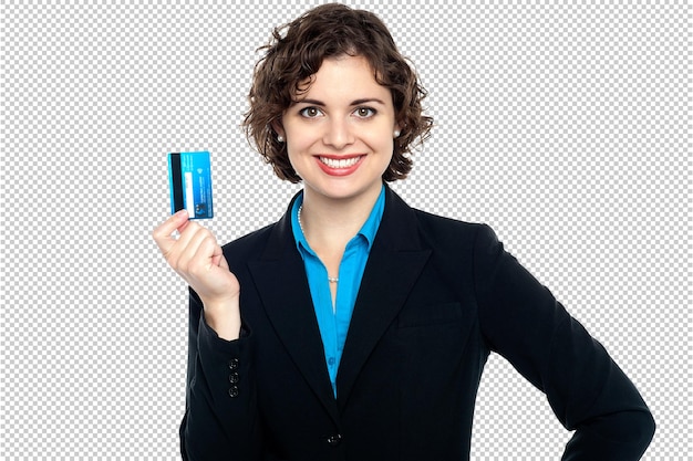 una donna in abito tiene un oggetto blu in mano