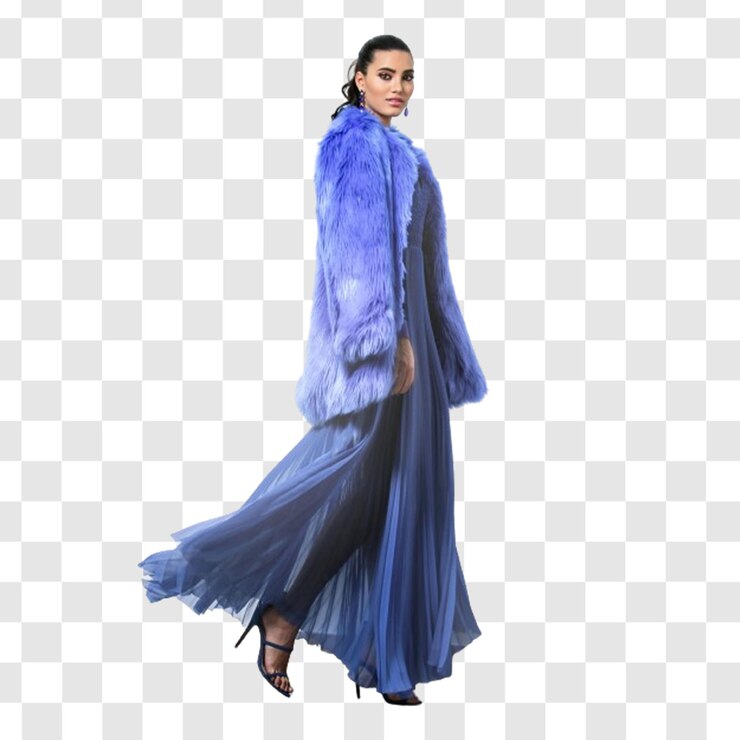 PSD una donna in un vestito blu con un cappotto di pelliccia blu