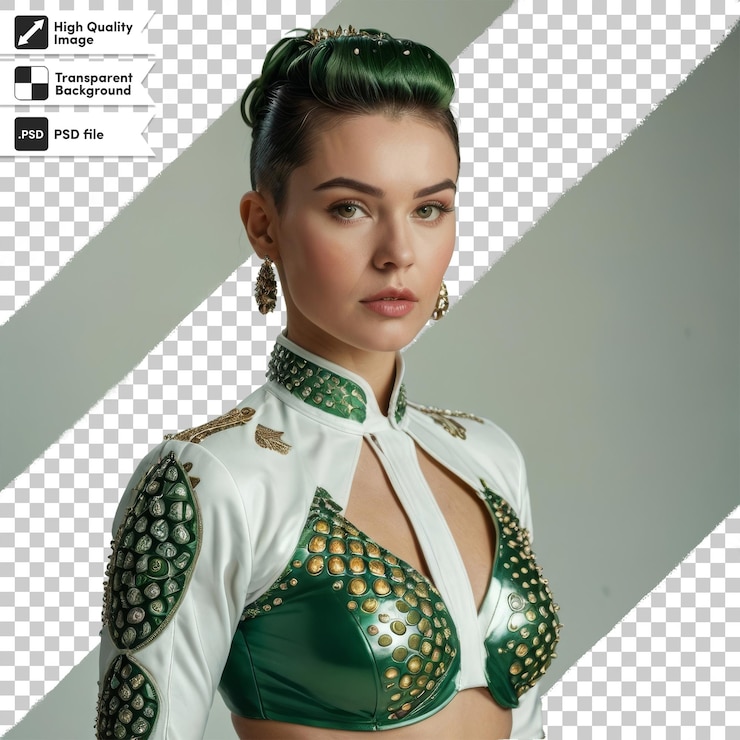 PSD una donna in un vestito verde con un arco verde sul collo
