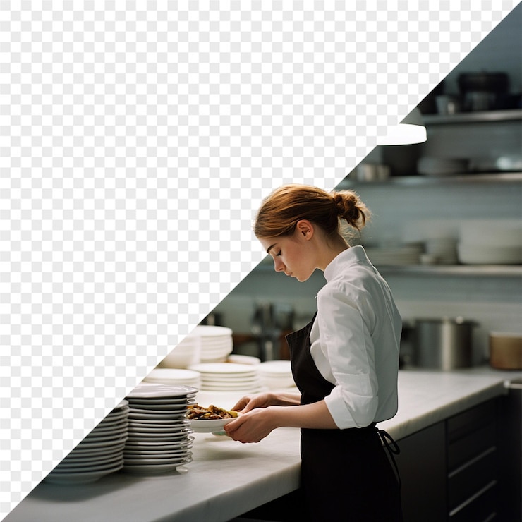 PSD una donna in una cucina con un vassoio di cibo su di esso