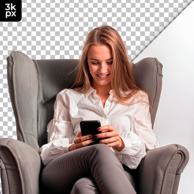 una donna in una sedia con un telefono in grembo