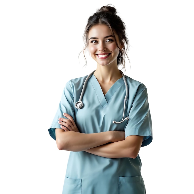 PSD una donna in uniforme blu con le parole sullo sfondo trasparente
