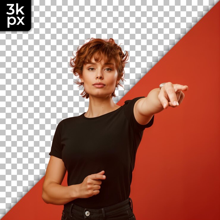 PSD una donna indica la fotocamera e mostra una foto di una donna che indica la telecamera