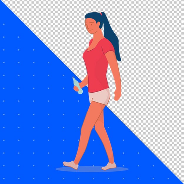 una donna passa davanti a uno sfondo blu con una foto di una donna che cammina