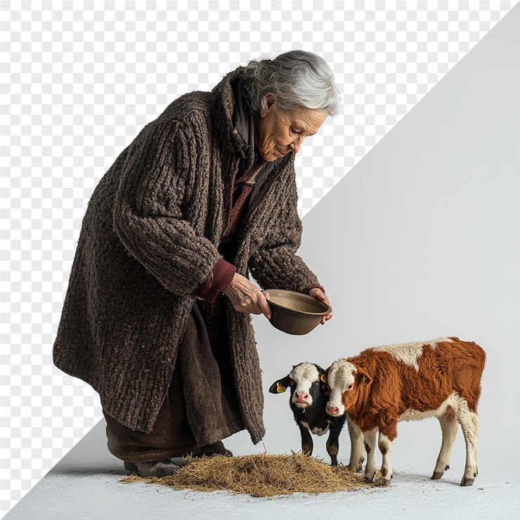 PSD una donna sta mungendo una mucca con due mucche
