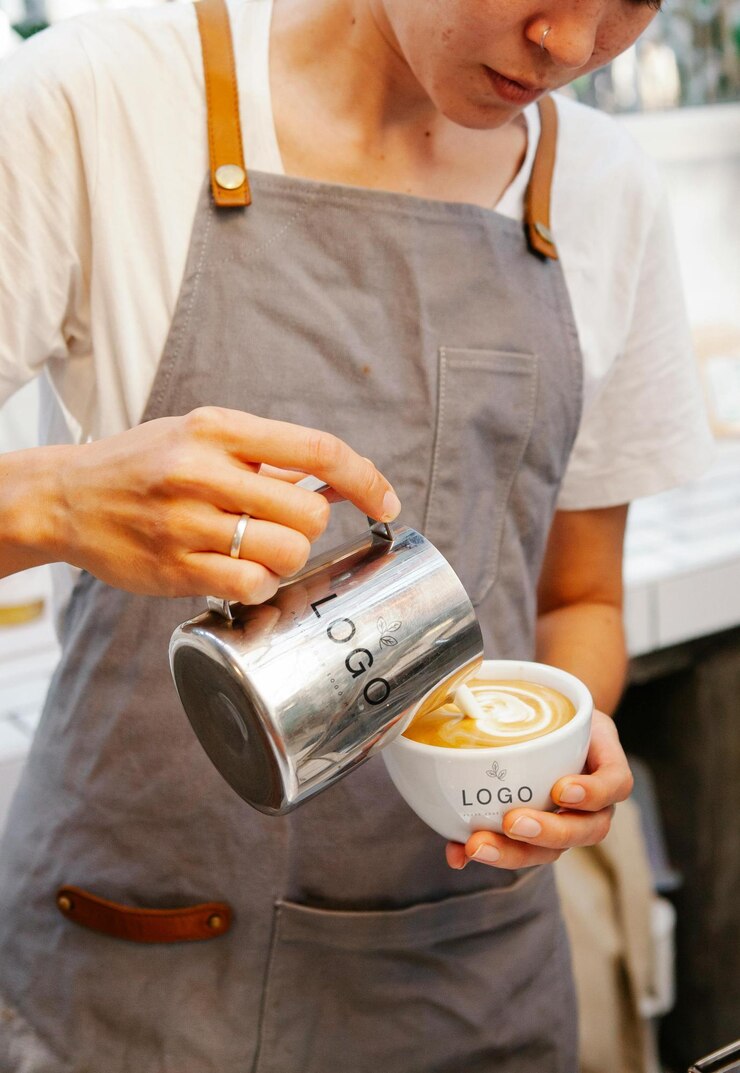 PSD una donna sta tenendo una tazza di caffè e una tazzina di caffè