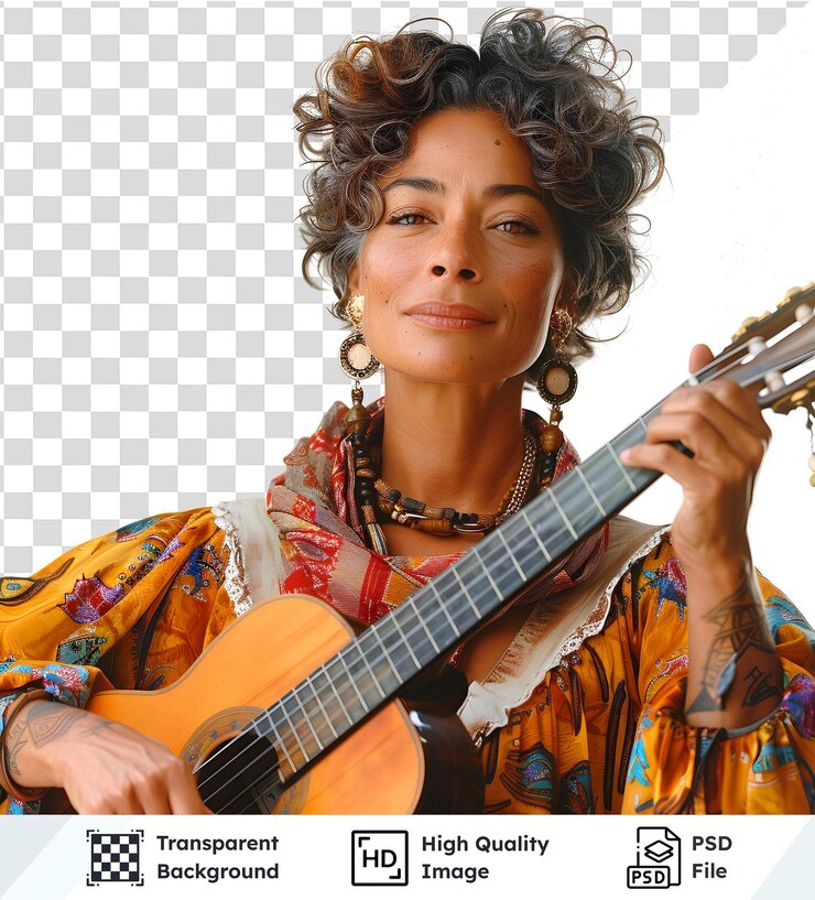 PSD una donna suona la chitarra acustica con uno sfondo trasparente, suonando con abilità melodie con passione
