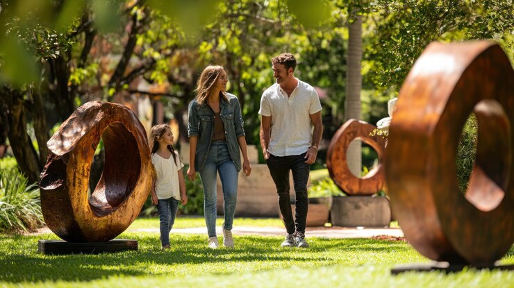 PSD una famiglia felice che passeggia in un parco lussureggiante con grandi sculture in legno