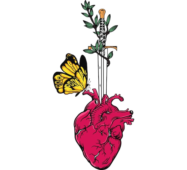 Una farfalla su un cuore è conficcata in un coltello.