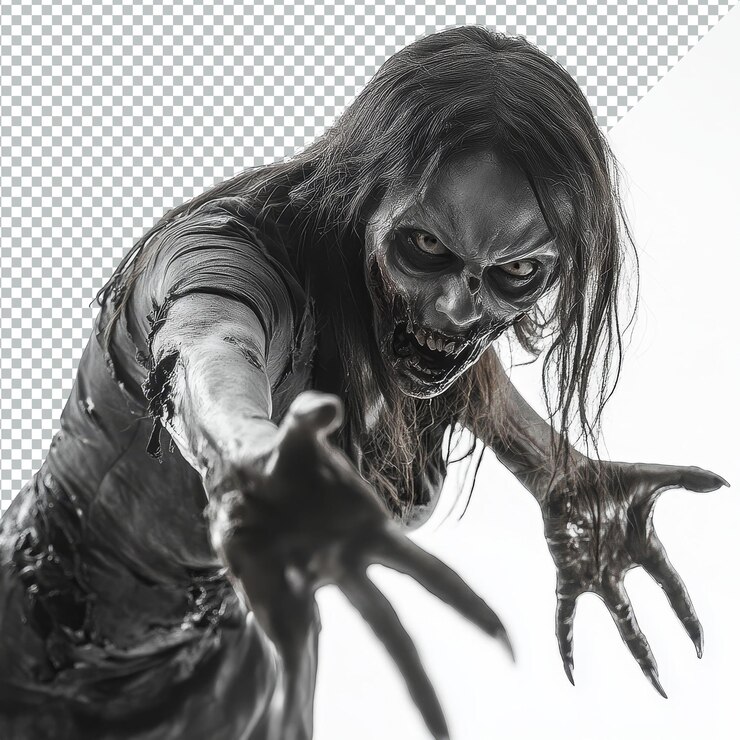 PSD una femmina zombie che allunga le mani con gli artigli su uno sfondo trasparente pulito in una rappresentazione inquietante dei non-morti femmina zombie che allarga le artigli sullo sfondo transparente