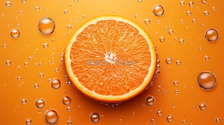 PSD una fetta di arancione succosa con gocce d'acqua su uno sfondo arancione