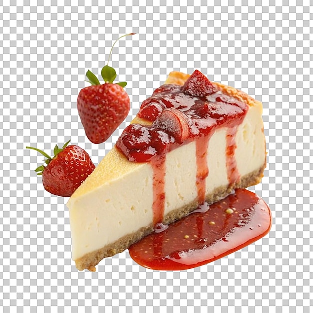 Una fetta di cheesecake in stile New York con salsa di fragole spruzzata sopra