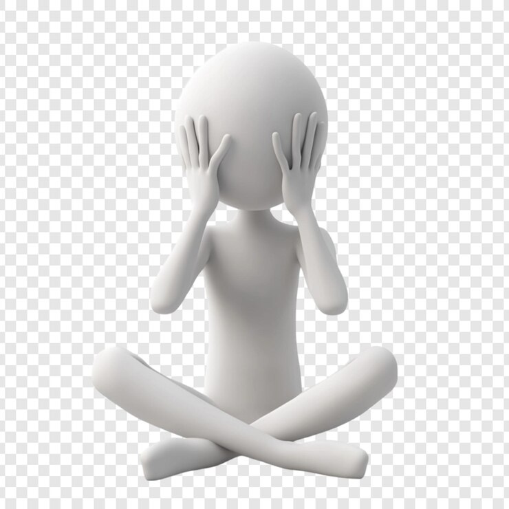 PSD una figura 3d si siede con le gambe incrociate nascondendo la faccia con le mani sentendosi stressata, sconvolta o vergognata
