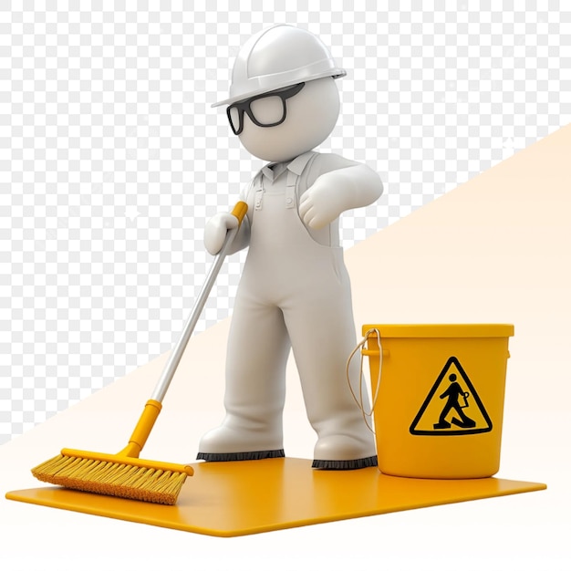 una figura di plastica con una scopa gialla e un secchio giallo con un segno di cautela su di esso