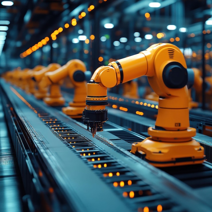 PSD una fila di braccia robotiche arancione stanno lavorando su una linea di assemblaggio in una fabbrica