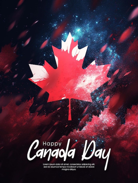 Una foglia d'acero rossa è su uno sfondo scuro con le parole happy canada day