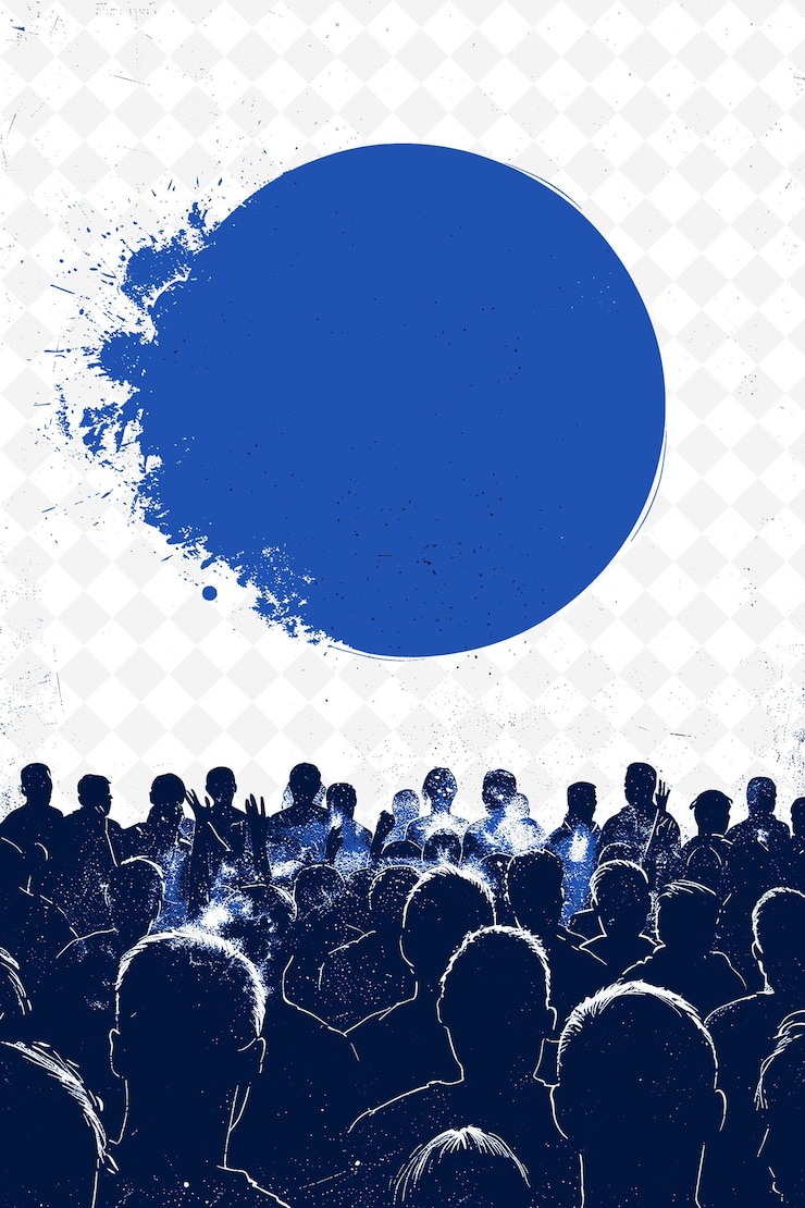 PSD una folla di persone si è radunata attorno a un cerchio blu con un circolo blu in cima
