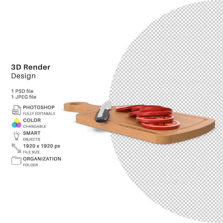 PSD una foto di un tagliere con il titolo 3d render design.