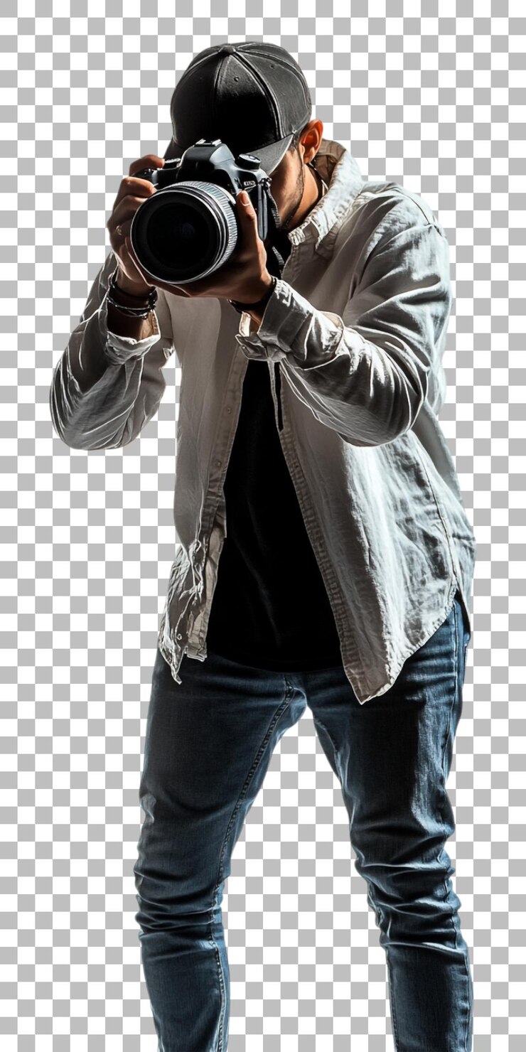 PSD una foto di un uomo che tiene una fotocamera con un'obiettivo in mano