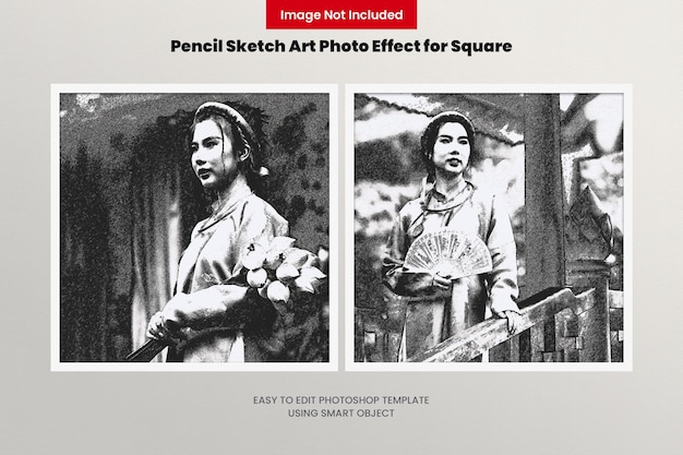 Una foto di una donna che tiene fiori e un effetto foto schizzo a matita per quadrato.