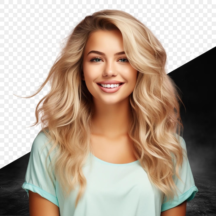 PSD una foto di una donna con i capelli biondi e una camicia blu con uno sfondo nero