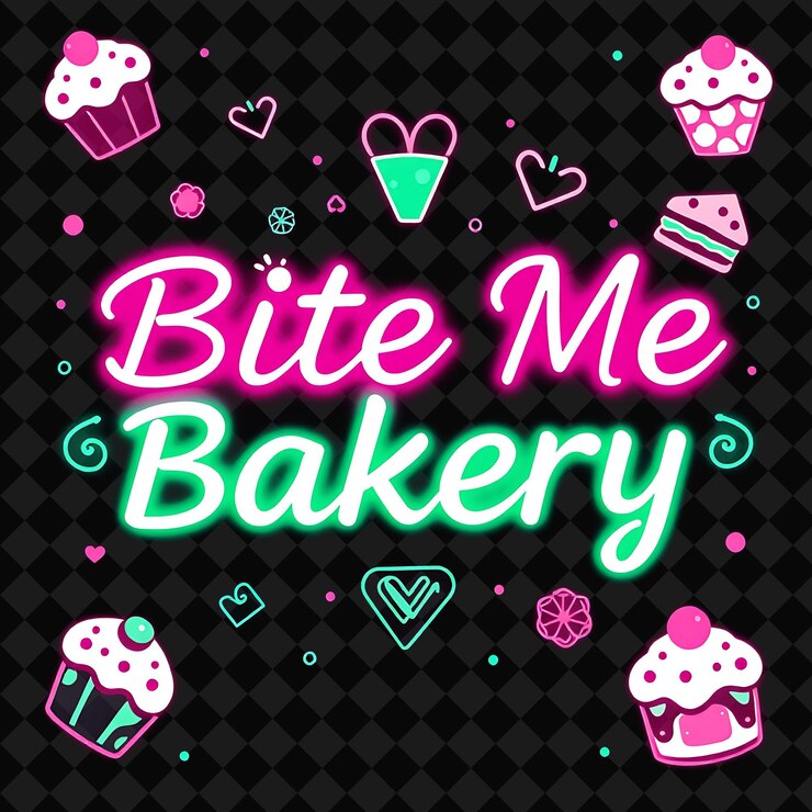 PSD una foto in bianco e nero di una panetteria con un'immagine di una torta con le parole "bite me" su di essa