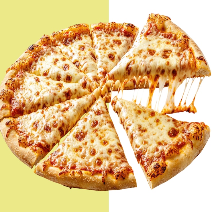 PSD una foto iperrealistica di una pizza al formaggio con una fetta tirata fuori e gli altri pezzi che gocciolano formaggio sfondo alfa trasparente png