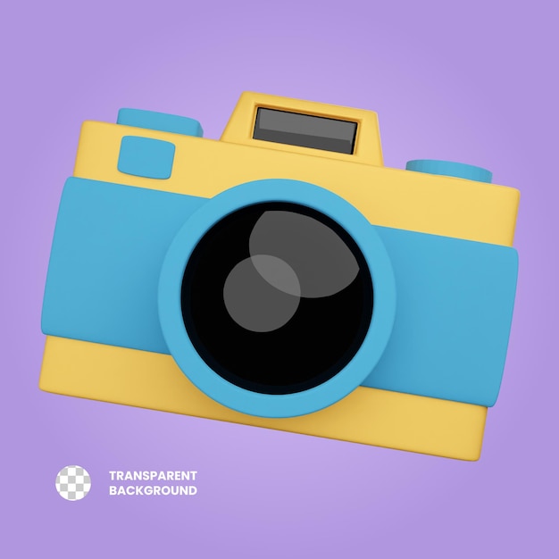 Una fotocamera blu e gialla con uno sfondo viola che indica uno sfondo trasparente.
