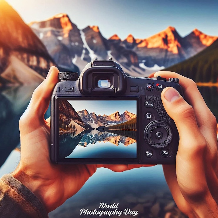 PSD una fotocamera digitale con le parole "foto di un giorno in montagna"