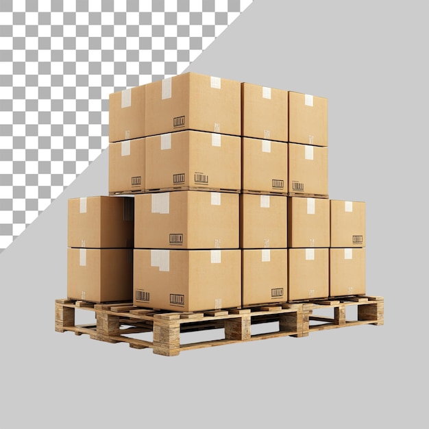 Una fotografia ultrarealista di scatole impilate su pallet isolate su uno sfondo trasparente