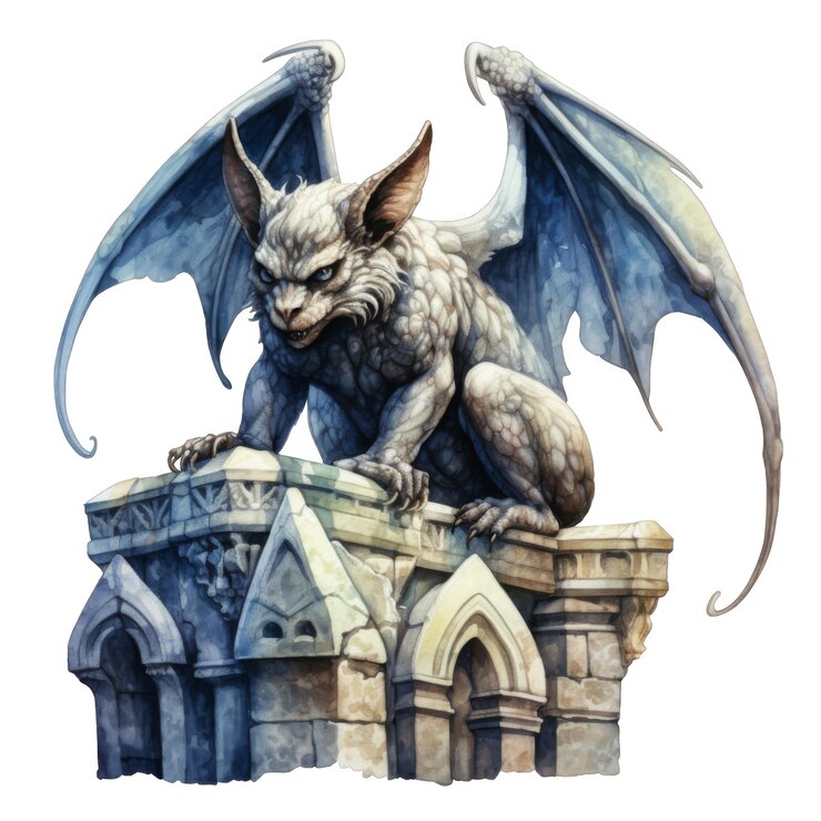 PSD una gargoyle felina con le ali blu appollaiata su una struttura di pietra