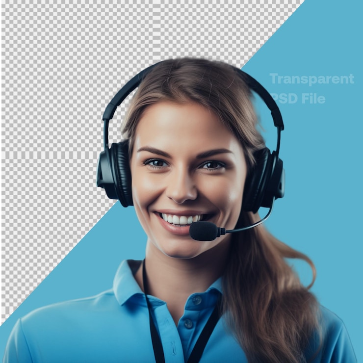 PSD una gioiosa donna del call center che indossa un elegante auricolare moderno